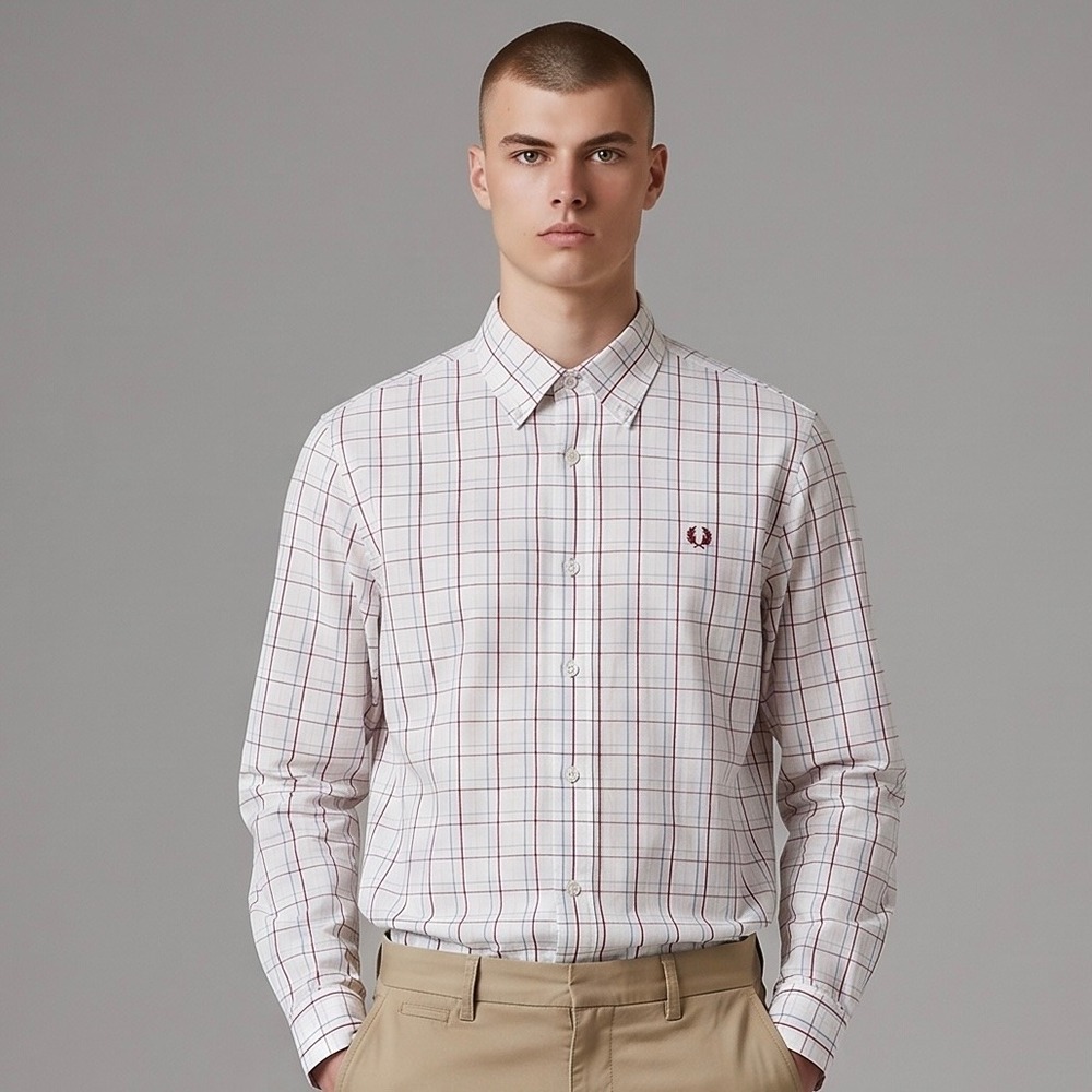 Fred Perry Button Down Shirt Mens Medium White Red Blue Check Fair M2296